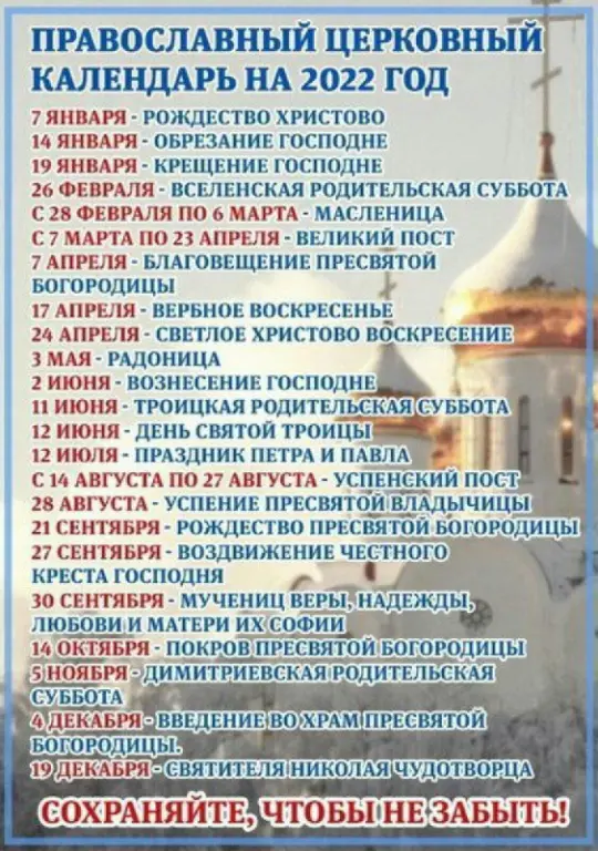 Православный церковный календарь на 2022год